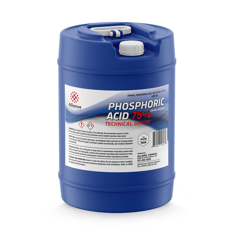 15-gallon blue HDPE carboy of Alliance Chemical 75% Technical Grade Phosphoric Acid with corrosive warning symbols and safety instructions.